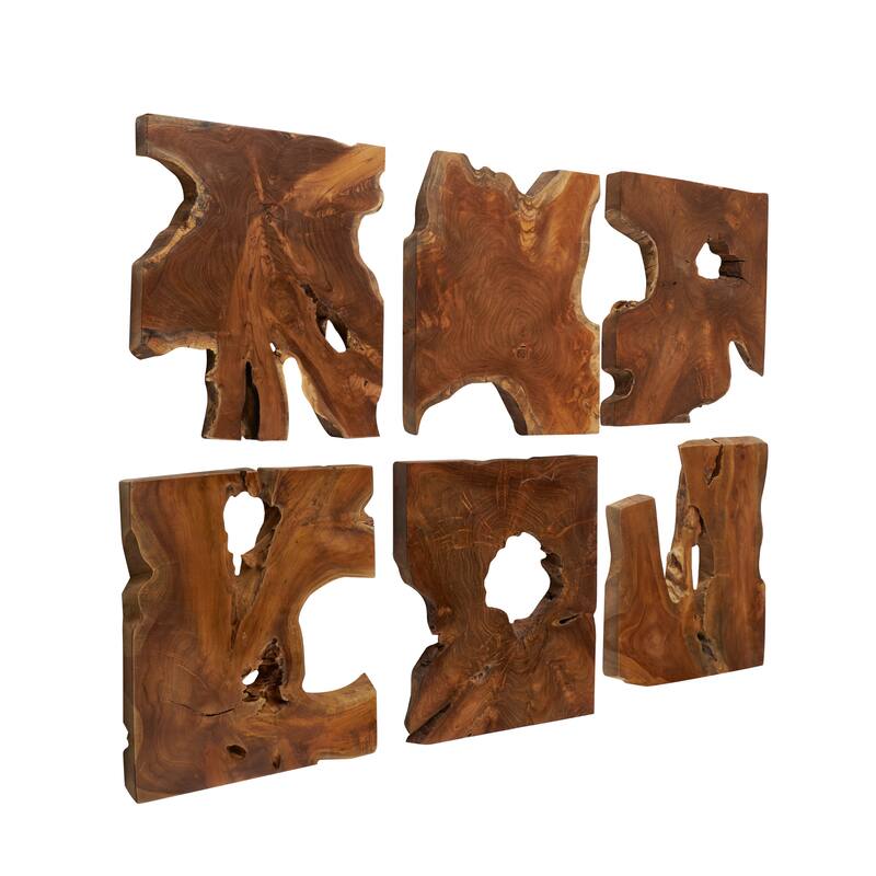 Teak Wood Abstract Handmade Live Edge Wood Slab Wall Decor - Set of 6 Brown - Roche River Decor