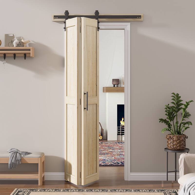 Assembled 30in./32in./36in./40in./44in./48in. x 84 in. Solid Core Pine Wood Bi-Fold Door With Hardware Kit