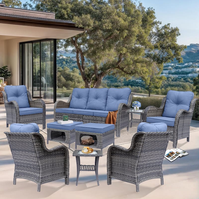 9 Piece Outdoor Patio Conversation Wicker Furniture Sofa Seating Sets - Denim Blue-Gray Rattan