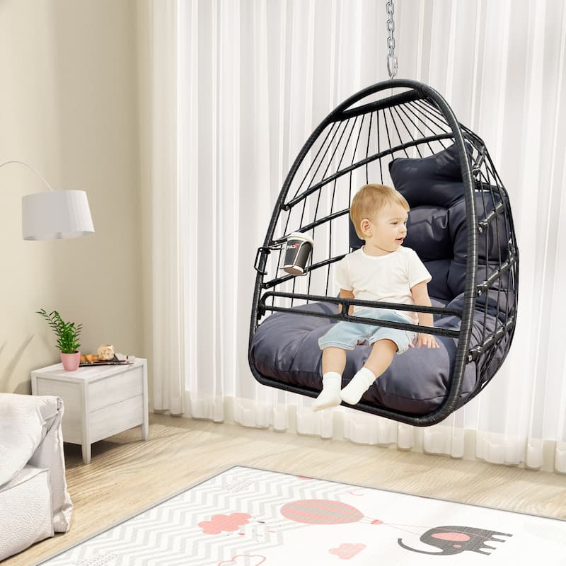 Rattan Swing Hammock Egg Basket Chairs with Guardrail and Cup Holder