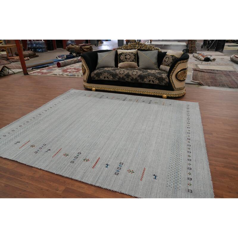 Hand Knotted Oriental 100% Wool Carpet Tribal Animal Pictorial Greys & Charcoal Gabbeh Area Rug - 9' 9'' X 8' 3''