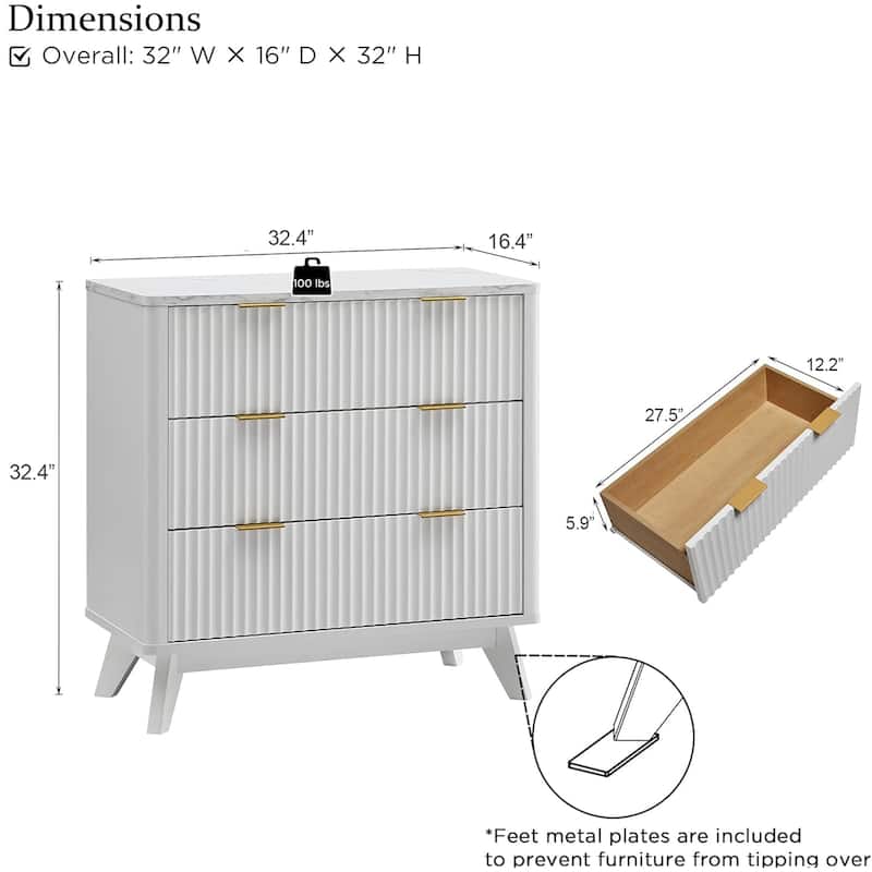 Modern fluted 3 Chest of Drawers, Dresser for Bedroom, Living Room