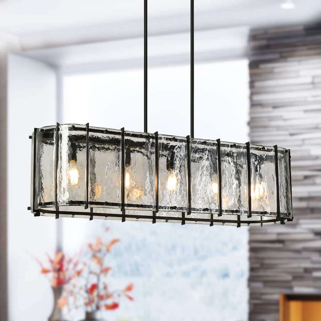 Modern Black 5-Light Rectangle Chandelier with Textured Glass For Kitchen Island Dining Room - W42.1"xD10.6"xH11"
