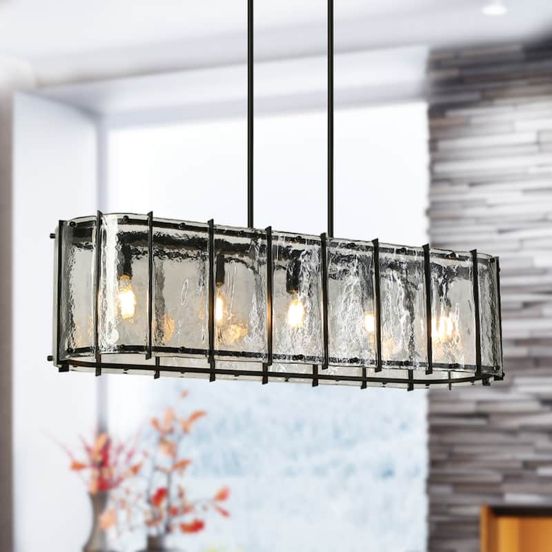Modern Black 5-Light Rectangle Chandelier with Textured Glass For Kitchen Island Dining Room - W42.1"xD10.6"xH11"