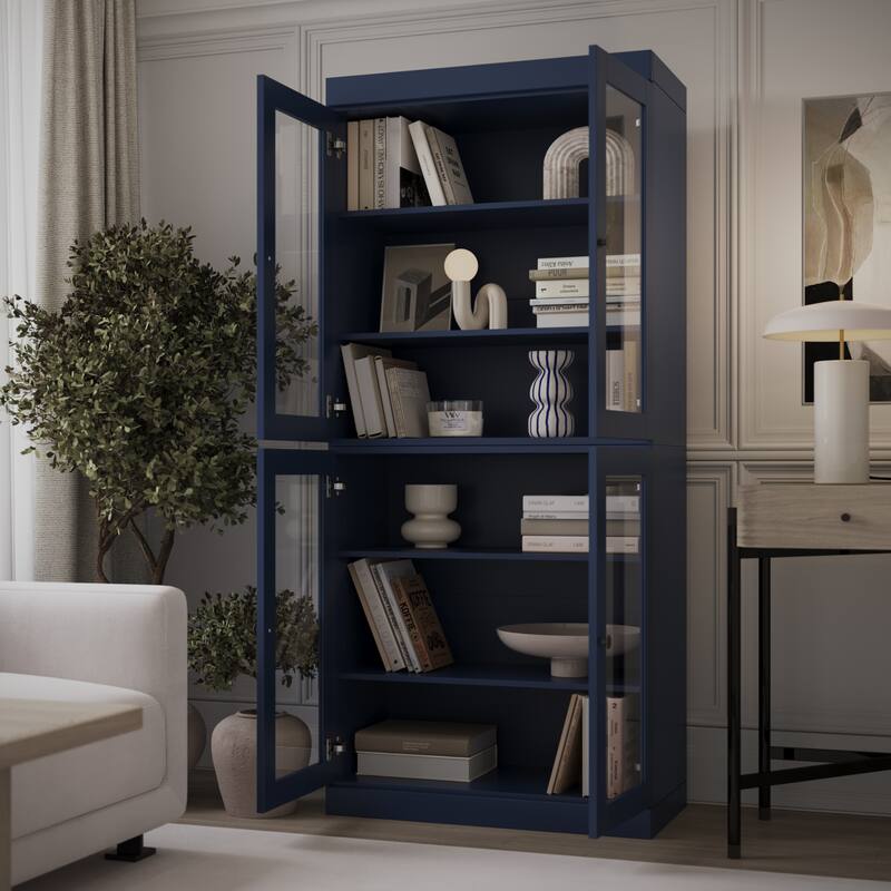 Palace Imports Solid Wood 6-Shelf Bookcase, Clear Glass Doors, Adjustable Shelves