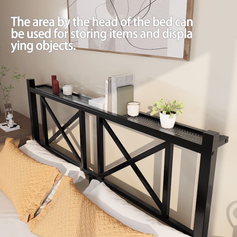 Floating Bed Frame Metal Platform Bed Frame with USB Charging Station Storage Headboard, LED Lights, No Box Spring Needed,Black
