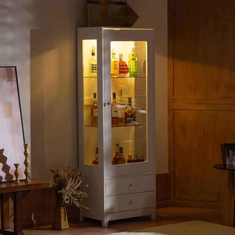 Anmytek 71'' Freestanding Upholstered Display Cabinet, Upholstered Glass Door Cabinet with Ceiling Light,Wine Cabinet