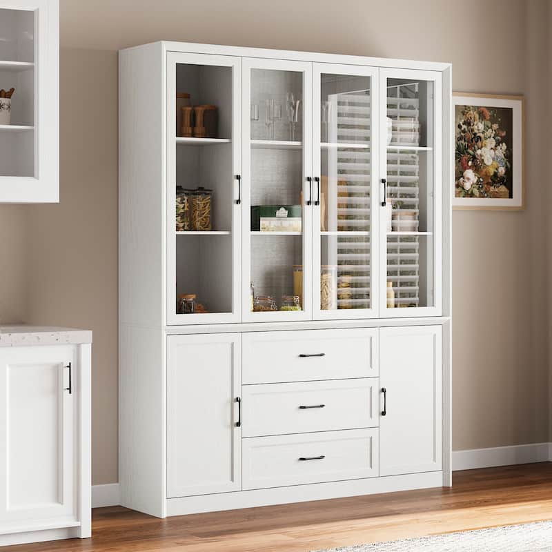 61.8" W Kitchen Pantry Cabinet, Freestanding Cupboard with Glass Doors