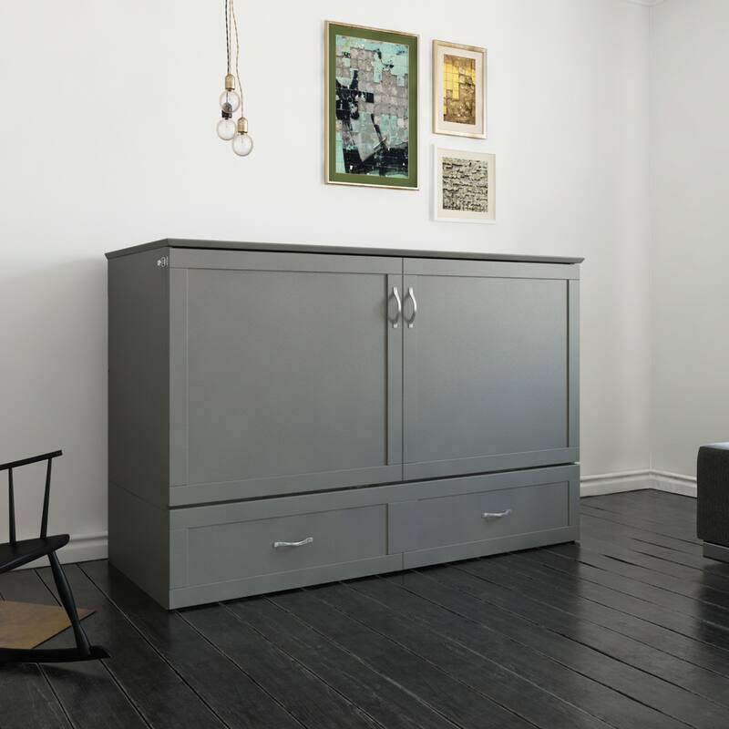 Hamilton Queen Murphy Bed Chest with 6" Mattress, Storage Drawer & Built-In Charger in Grey