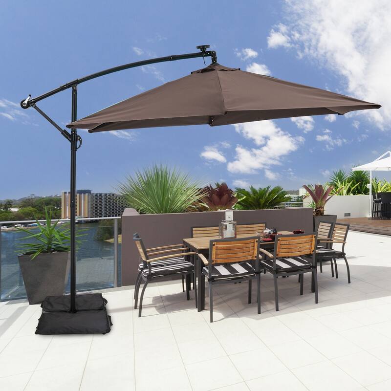 Autlaycil 10ft Offset Hanging Market Patio Umbrella With Base&Solar Lights