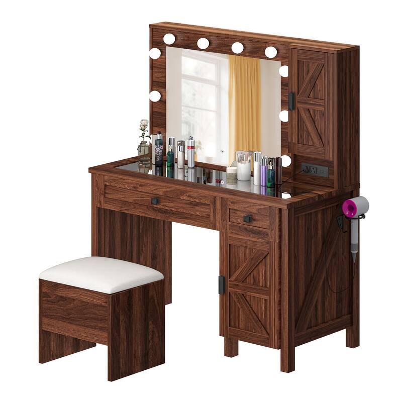 Moasis Farmhouse Makeup Vanity Desk Set with Mirror and Lights, Charging Station and Storage Stool