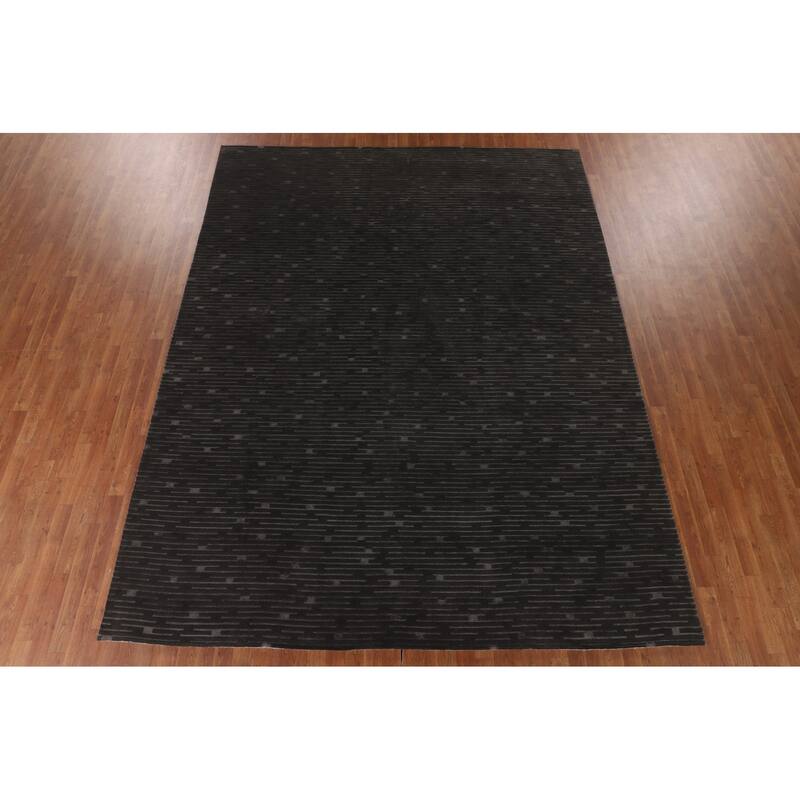 Striped Black Nepalese Indian Area Rug Hand-Knotted Wool Carpet - 9'0" x 11'8"