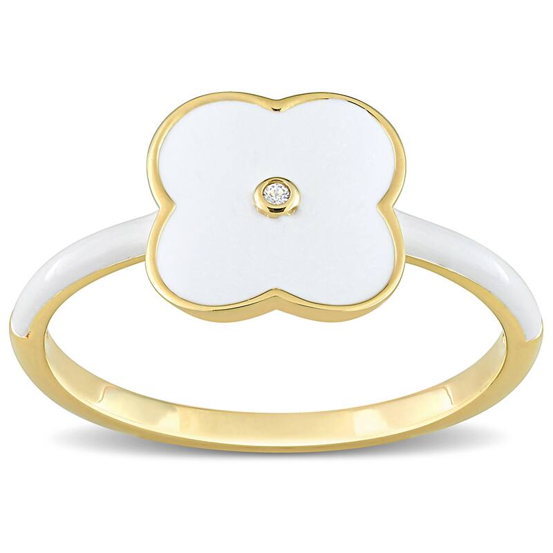 Miadora Created White Sapphire Floral Enamel Ring in Yellow Plated Sterling Silver