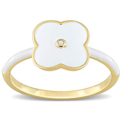 Miadora Created White Sapphire Floral Enamel Ring in Yellow Plated Sterling Silver