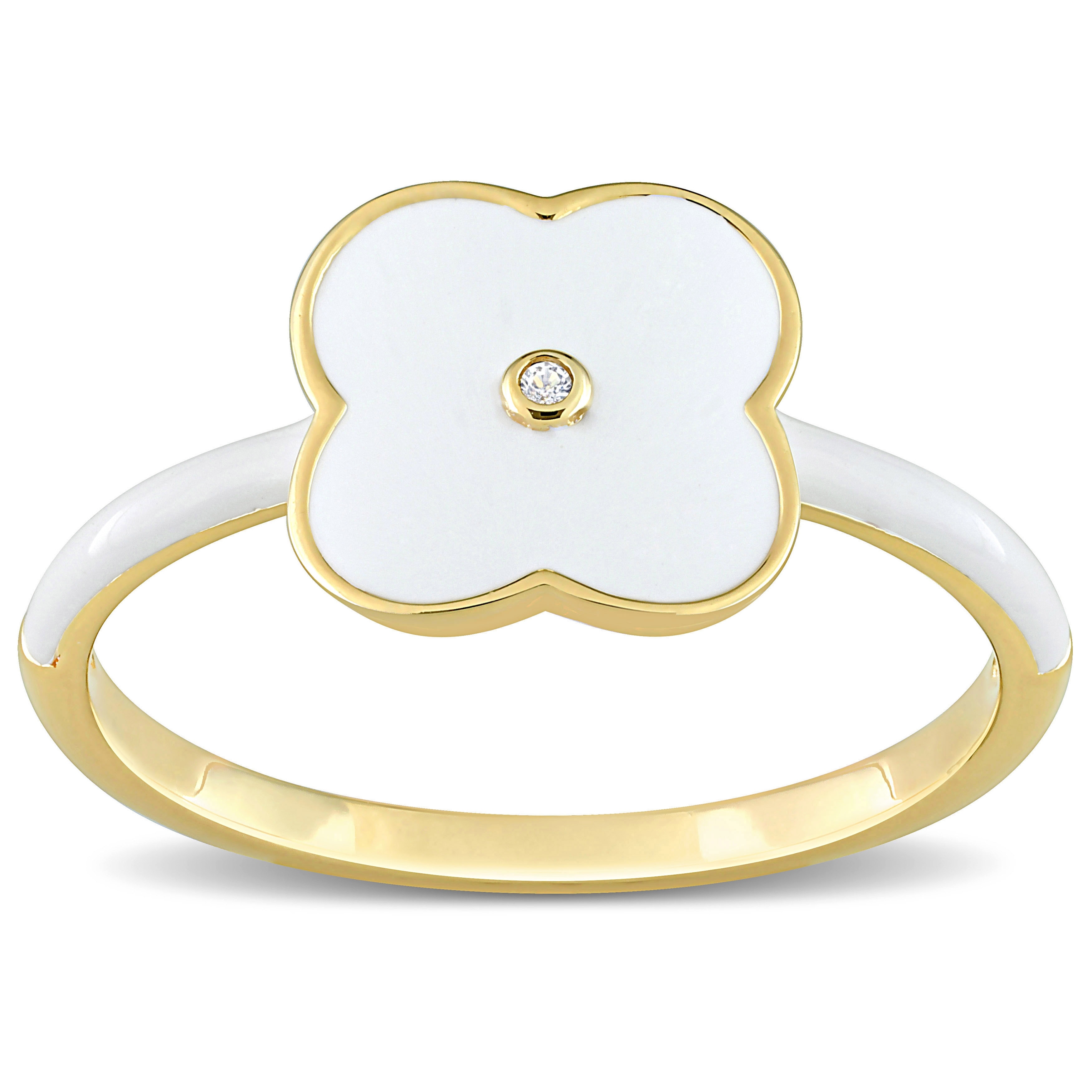 Miadora Created White Sapphire Floral Enamel Ring in Yellow Plated Sterling Silver