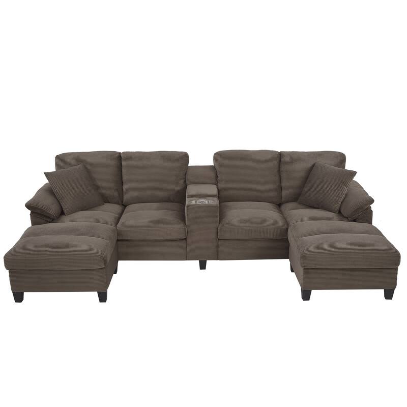 Roomfitters U-Shaped Sectional Sofa 116.9" Corduroy Upholstered Couch with Storage Ottomans, Cup Holders and USB Ports