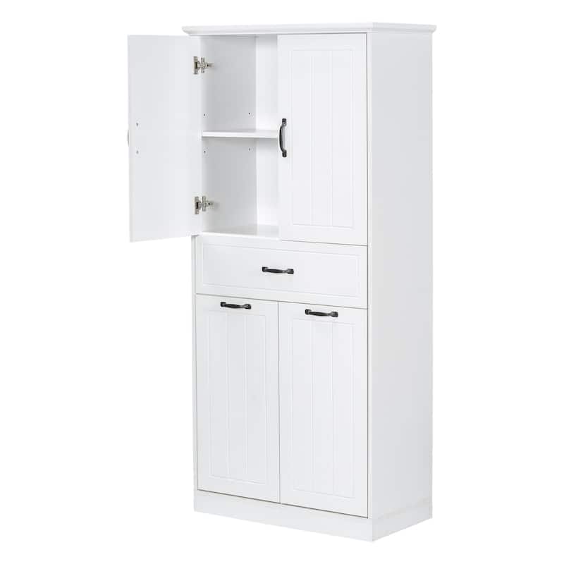 Roomfitters Bathroom Storage Cabinet with Double Laundry Hampers, Doors and Drawer Organizer