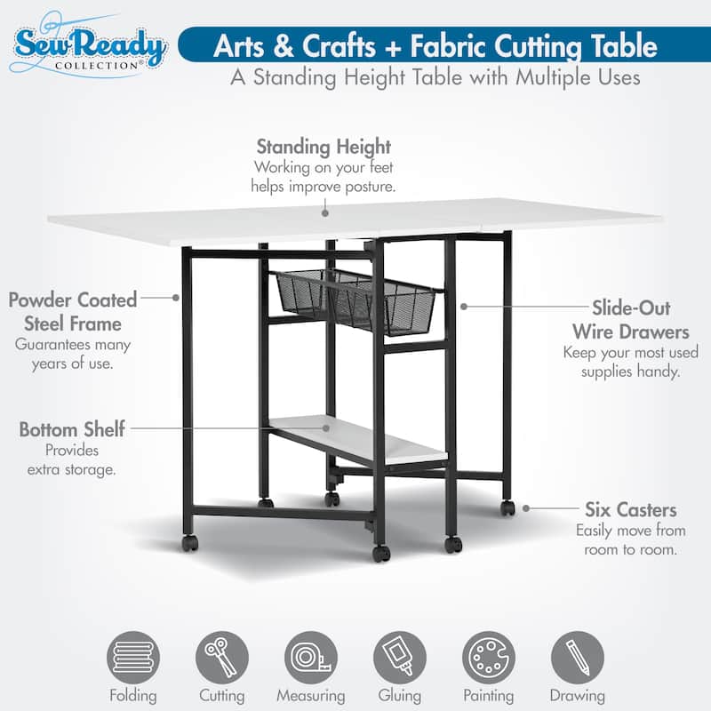 Sew Ready Standing Height (36" H) Mobile Folding Expandable Fabric and Die Cutting Table with Craft Storage- Charcoal / White