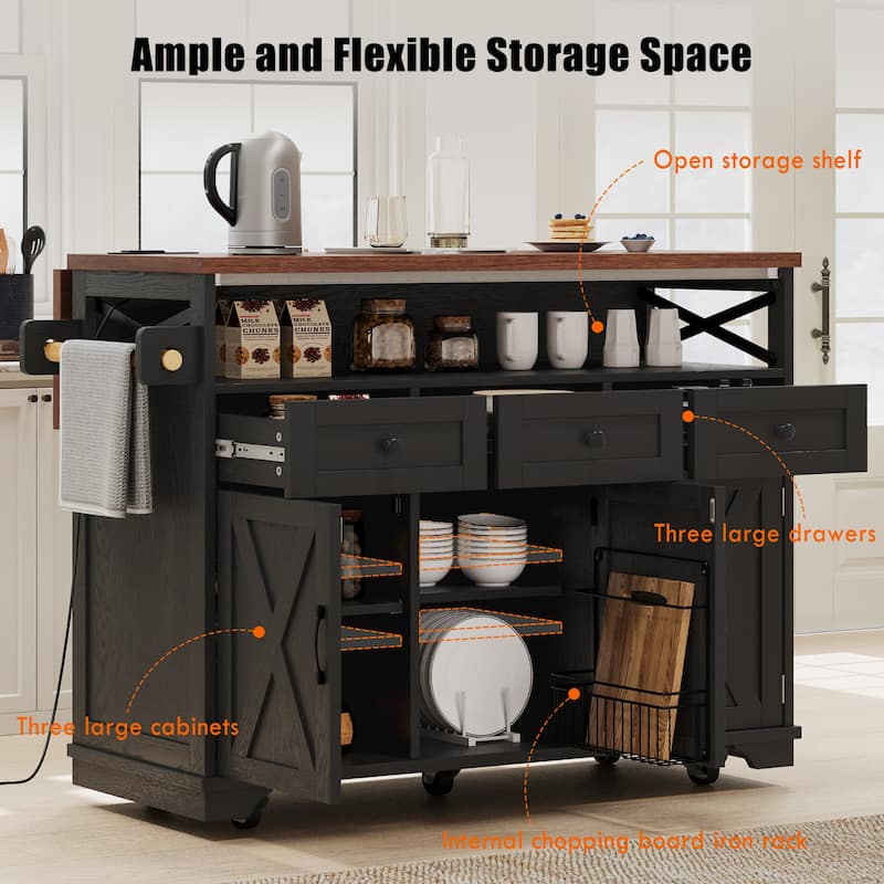 46.5''Farmhouse Kitchen Island with Drape of Beads, Power Outlet,Rolling Kitchen cart on Wheels with Drop Leaf,3 Doors,3 Drawers