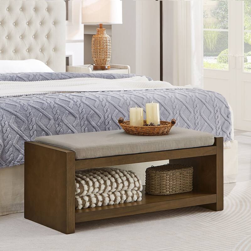 40" Accent Bench with Lower Shelf Shoe Rack, Padded Seating Bench for Living Room, Modern Compact Bed End Bench with Storage - Linen