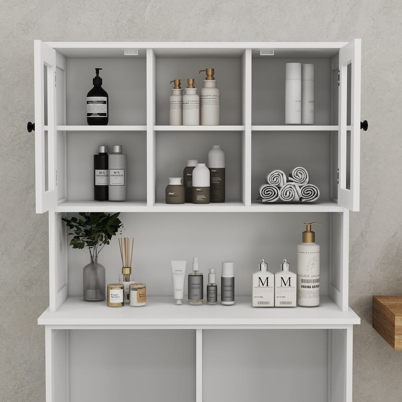 White 60 in. H Storage Cabinet, Two-Compartment Tilt-Out Dirty Laundry Basket Tall Bathroom Cabinet with 2 Adjustable Shelves
