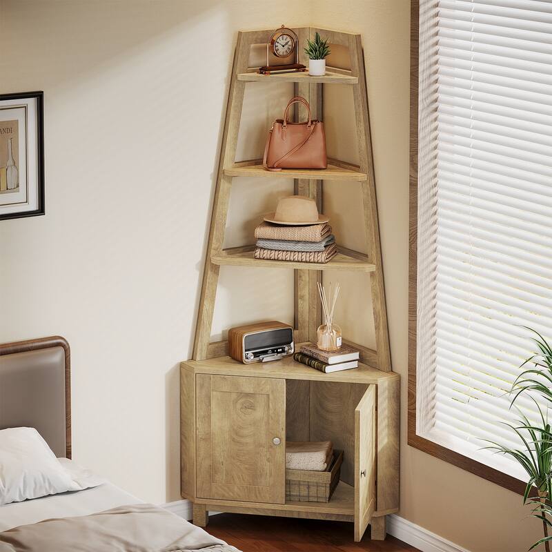 5-Tier Corner Shelf with Cabinet - Natural Brown
