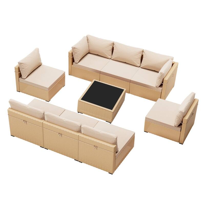 Patio Watcher 9-Piece Yellow Wicker Patio Conversation Set with Cushions