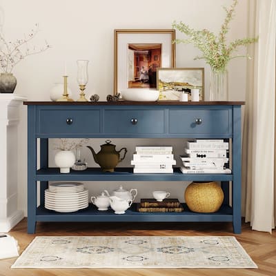 Retro Design Console Table with Two Open Shelves, Pine Solid Wood Frame and Legs