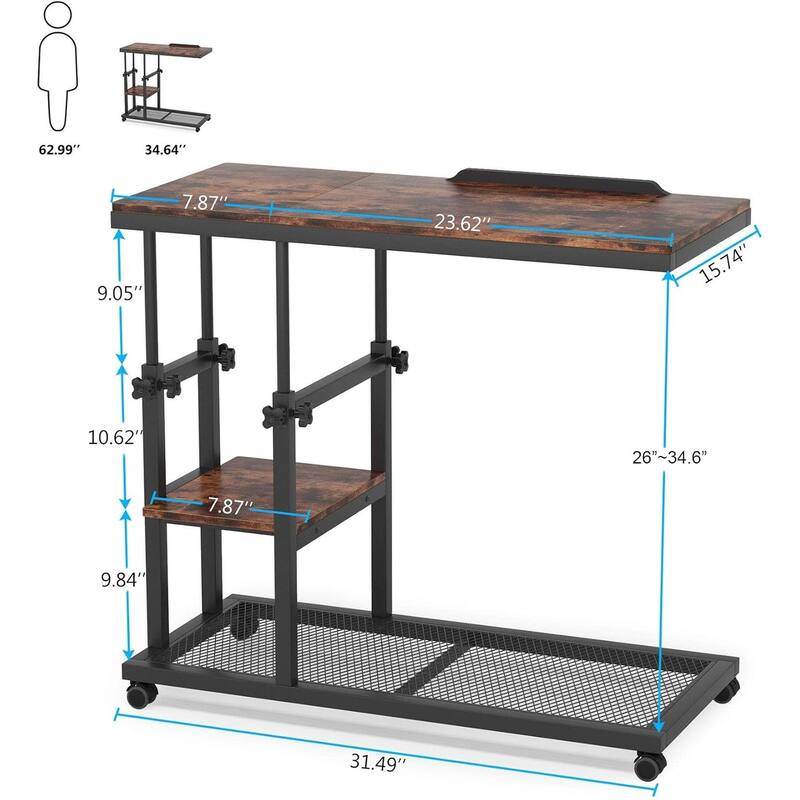 32"W Adjustable C-Shaped End Table with Wheels & Tilting Top,with Side Pocket & Storage Shelf,Rolling Overbed Couch Tray Table