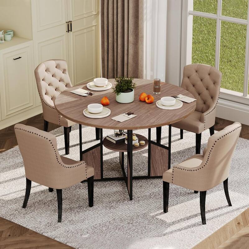 59" Round Dining Table for 4–6, Wood Pedestal Kitchen Table with Adjustable Feet, Farmhouse Style for Dining Room