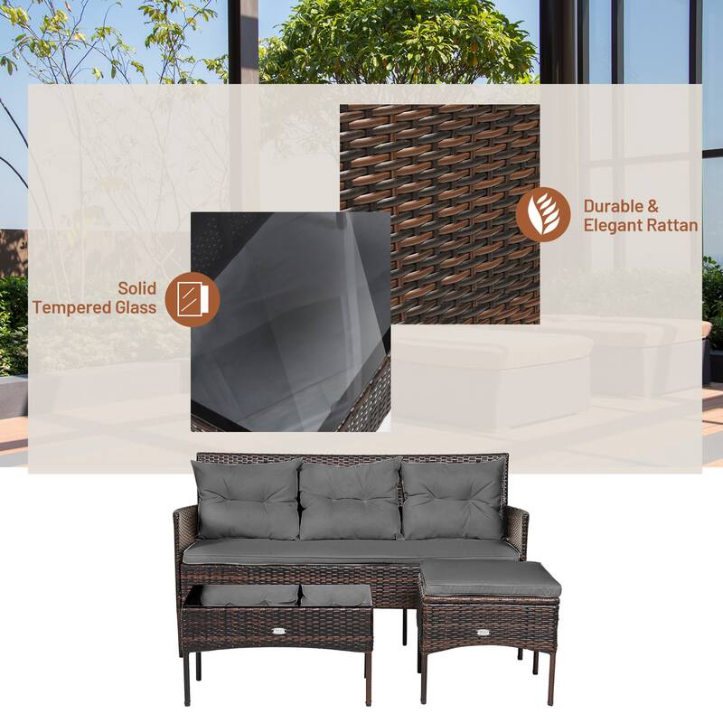 Gymax 3PCS Patio Rattan Sectional Conversation Furniture Set w/ Grey