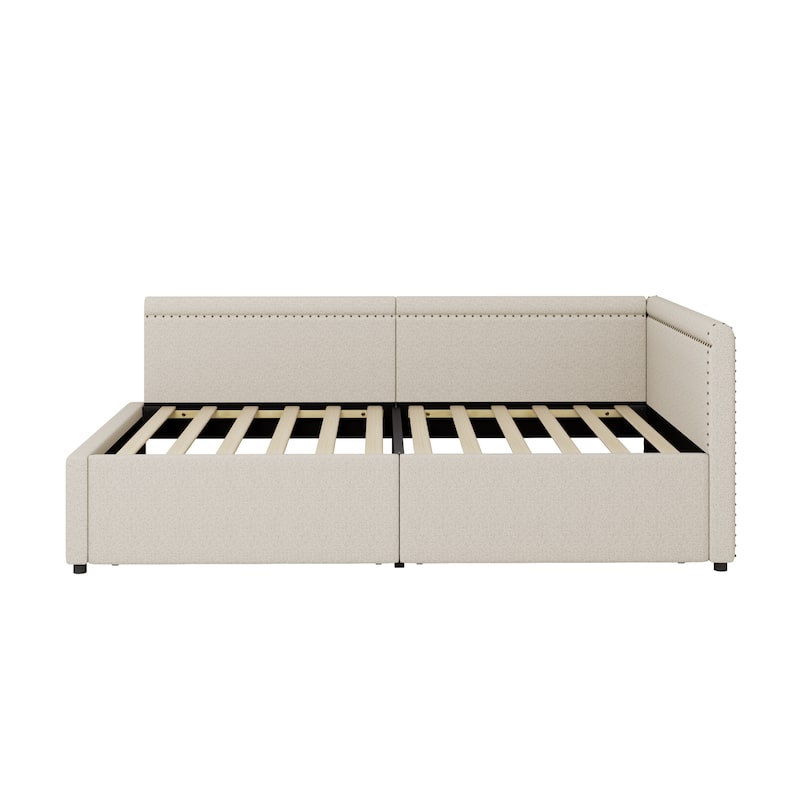 Roomfitters Twin Size L-Shaped Upholstered Corner Daybed with Two Storage Drawers, Modern Linen Fabric Bed Frame