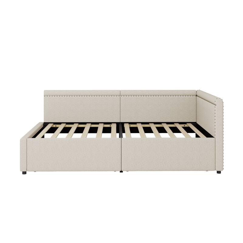 Twin Size Corner Daybed Linen Upholstered Bed Frame with Nailhead Trim, L Shape Sofa Bed with 2 Drawers Storage Bed