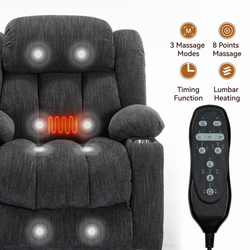 Chenille Power Lift Recliner 8 Point Vibration Massage Chair with Waist Heating, USB Ports and Stainless Steel Cup Holder