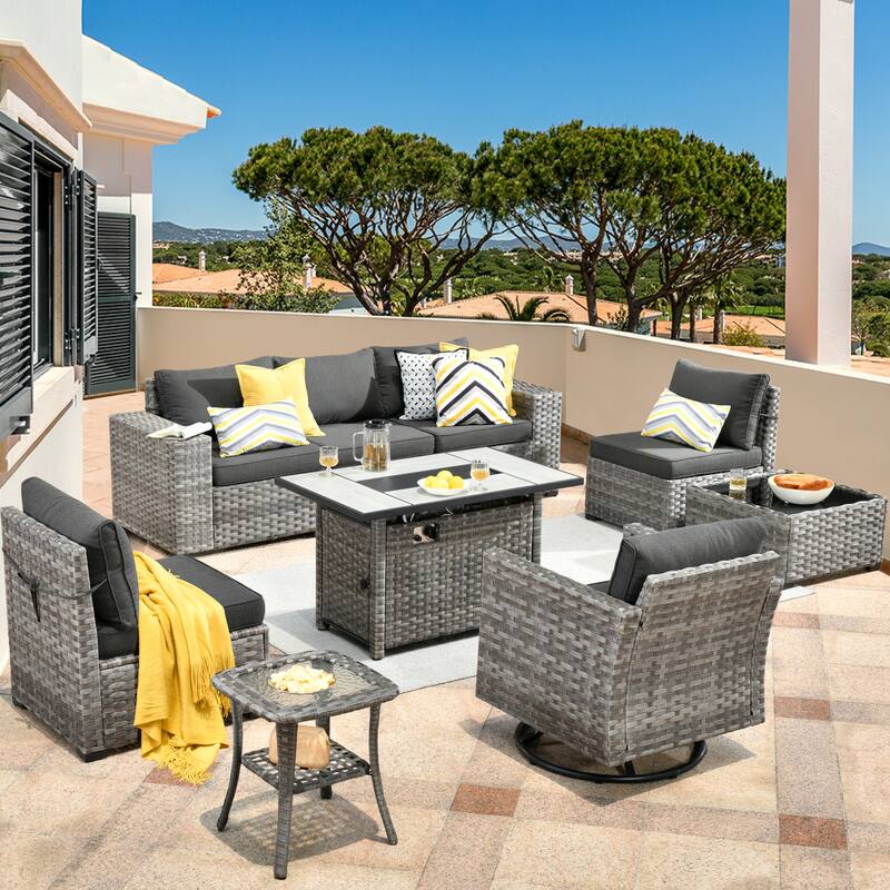 HOOOWOOO 9-piece Wicker Outdoor Modular Wide Armrest Sectional Set Fire Pit Set - Black