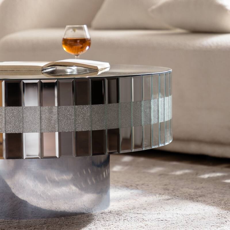 30.9" Round Silver Mirrored Coffee Table with Crushed Diamond Inlays & Crystal Edge, Modern Luxury Center Table for Living Room