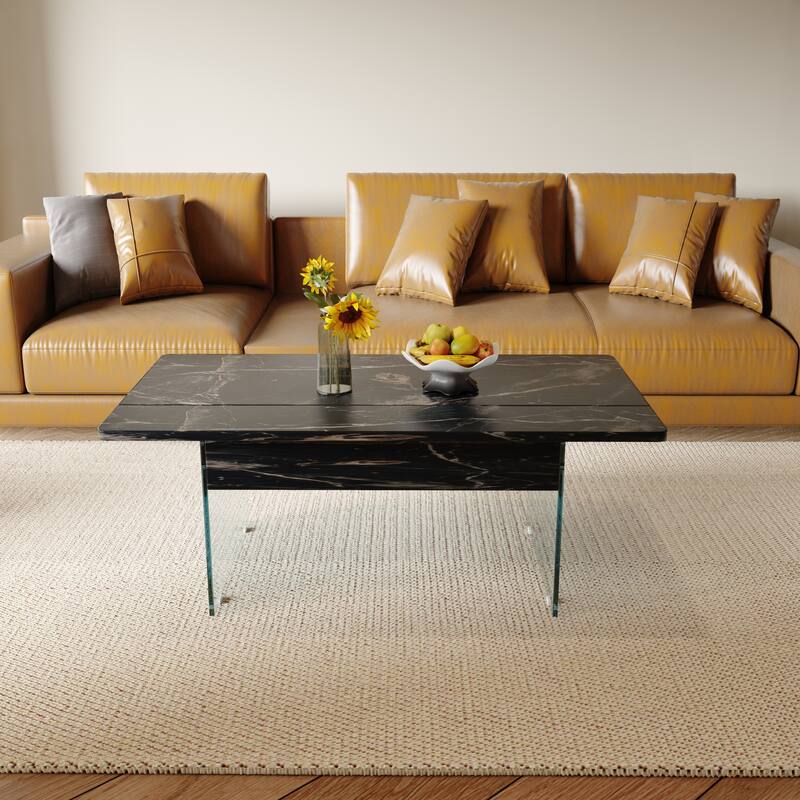 Multifunctional Lift-Top Coffee Table with Tempered Glass Legs, Rectangular Living Room Table 2-Tier Center Table