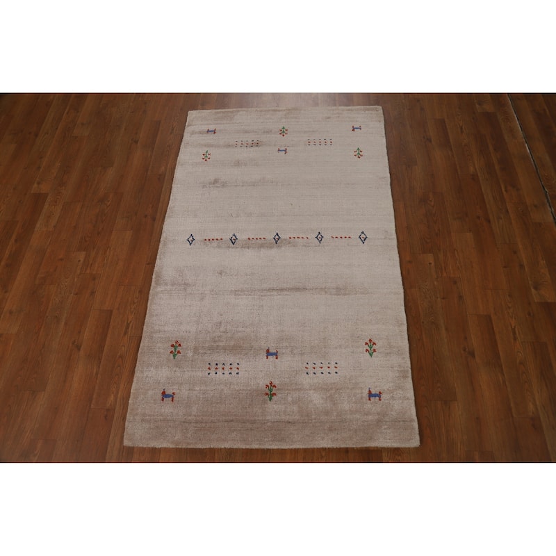 Tribal Gabbeh Indian Foyer Rug Handmade Beige Modern Silk Carpet - 3'0"x 5'0"