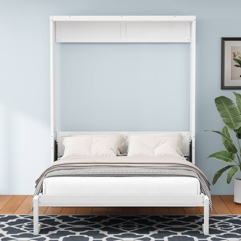 Full Size Murphy Bed,61.5-inch Cabinet Bed Folding Wall Bed with Desk Combo Perfect for Guest Room, Study, Office, White