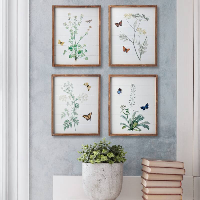 Wood Butterfly And Flower Print 12x14" Set of 4 - 14