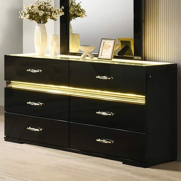 Furniture of America Saven Modern Black Solid Wood 6-Drawer Dresser with LED Light Furniture of America Saven Modern Black Solid Wood 6-Drawer Dresser with LED Light