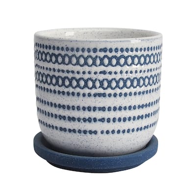 White Ceramic Planter with Saucer Featuring Blue Design - 5.0" x 5.0" x 5.0"