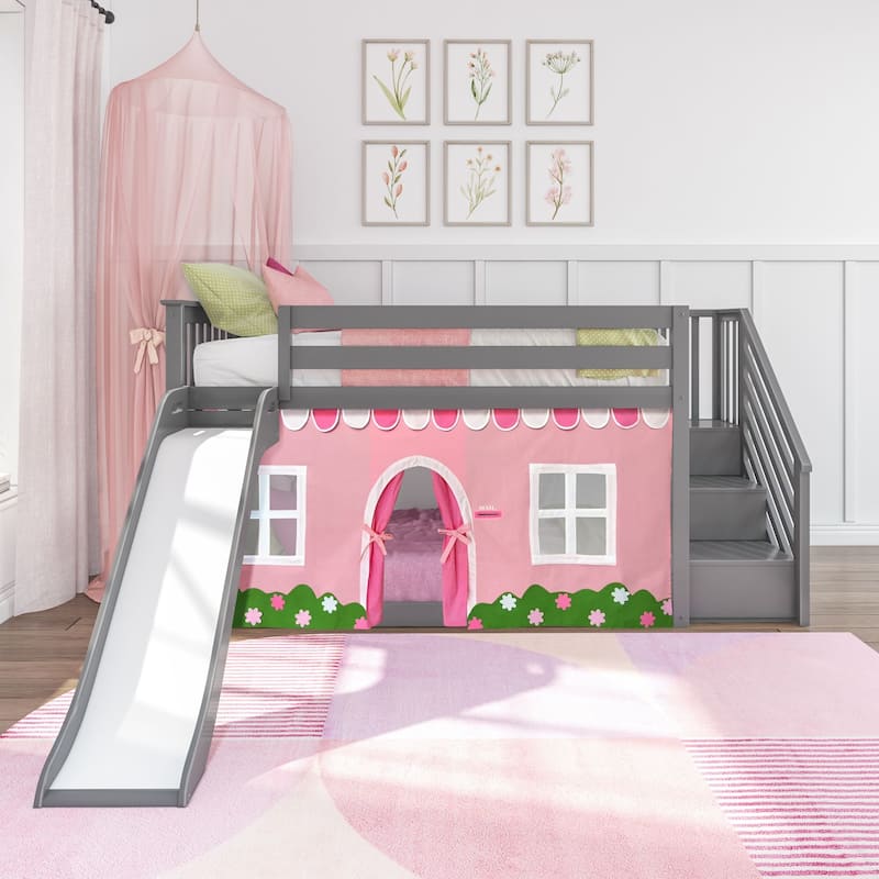 Max and Lily Classic Low Bunk with Stairs, Easy Slide and Curtain