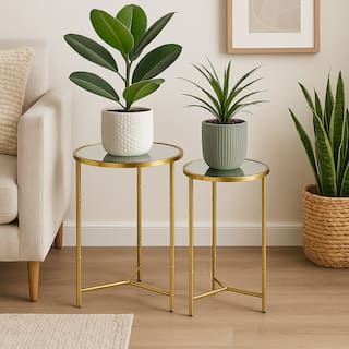 Modern Plant Stand Table Set of 2, Round Mirror Top, Gold Metal Base