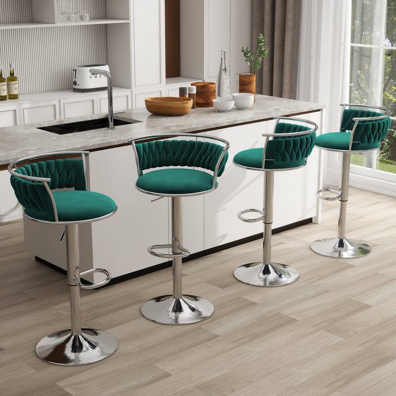 4 Set Modern Velvet Adjustable Swivel Bar Stools with Metal Frame