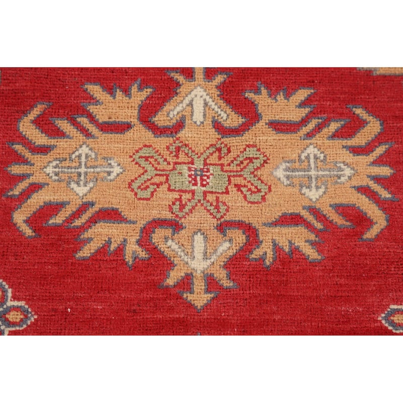 Oriental Red Geometric Kazak Area Rug Hand-Knotted Wool Carpet - 6'5" x 9'8"