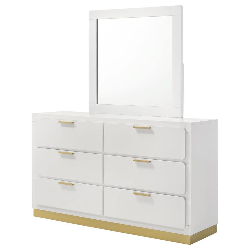 Caer Wide Dresser with Mirror, 6 Drawers, White Wood Frame, Gold Metal