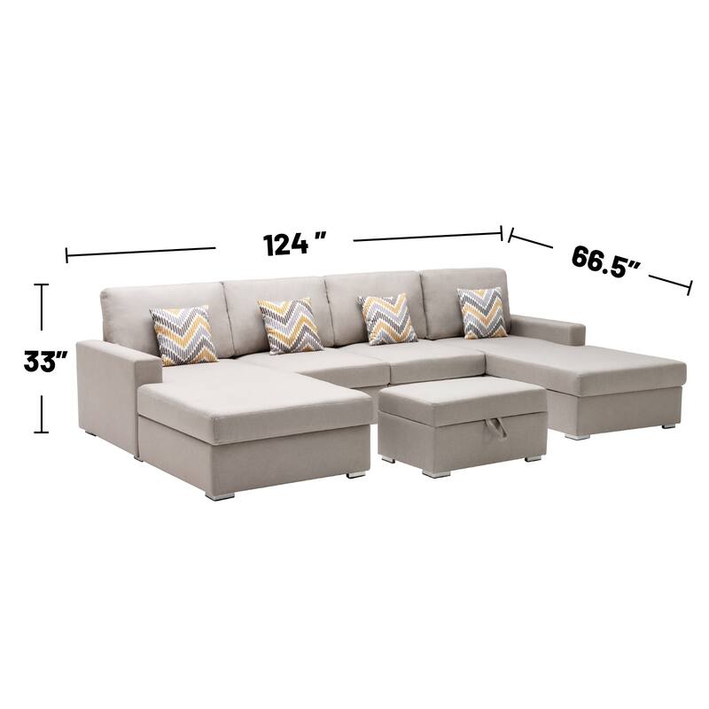 Linen Fabric 5 Piece Double Chaise Sectional Sofa with Interchangeable Legs and Storage Ottoman