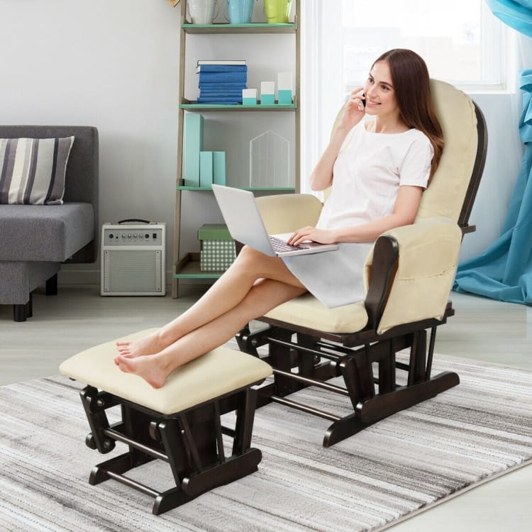 Solid Wood Gliding Chair Set with Storage Pockets and Ottoman for Relaxing - 29.5" x 28.5" x 39.5" (L x W x H)