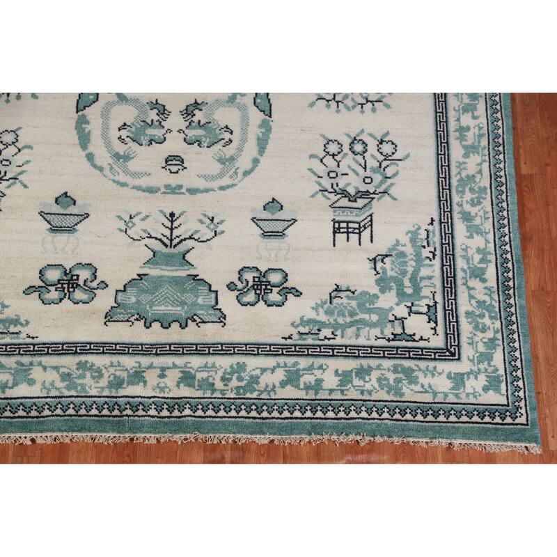 Hand Knotted Oriental 100% Wool Carpet Traditional Geometric Beige & Ivories Art Deco Area Rug - 7' 10'' X 7' 11''